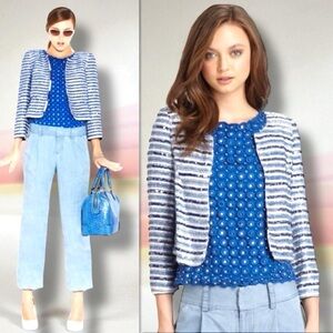 Alice + Olivia Blue Striped Beaded Sequin Embellished Jacket Blazer Size Medium!